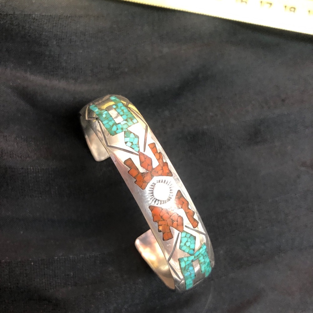 Mother’s Day,Sterling Silver/turquoise/coral cuff bracelet, Signed by theartist. - Picture 6 of 15